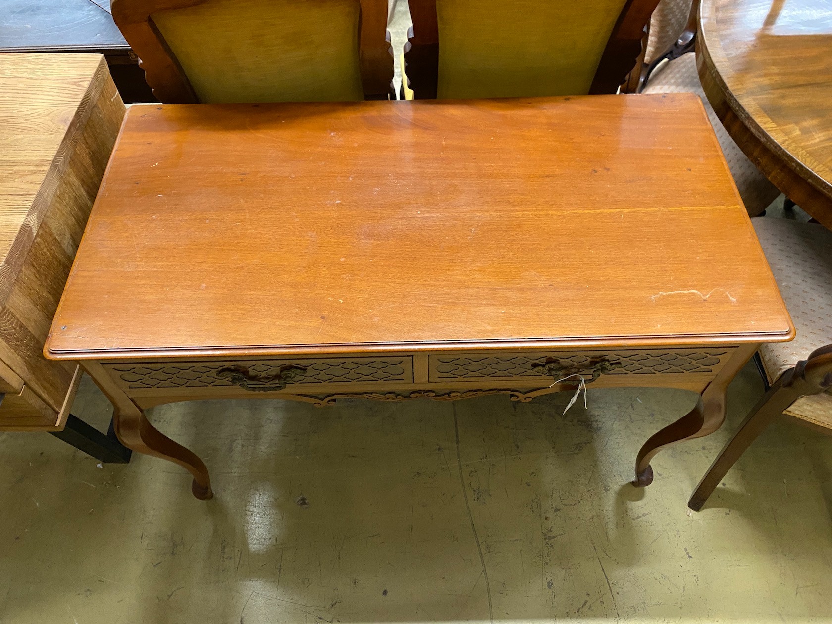 A late Victorian mahogany two drawer side table, width 106cm, depth 53cm, height 72cm